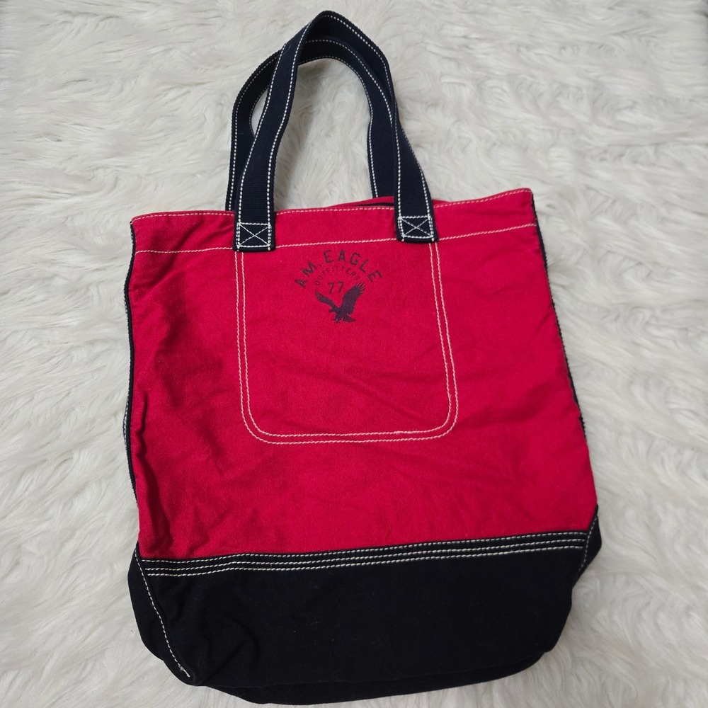 American Eagle Outfitters Canvas Tote Bag Red Black Colorblock Eagle Logo 77